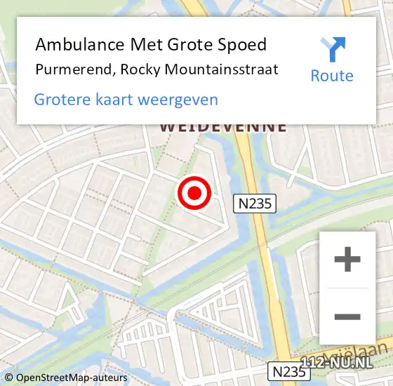 Locatie op kaart van de 112 melding: Ambulance Met Grote Spoed Naar Purmerend, Rocky Mountainsstraat op 22 oktober 2021 16:31