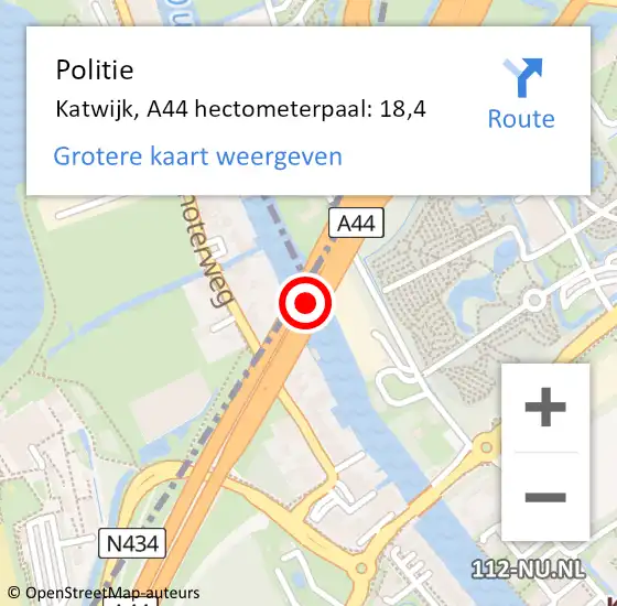 Locatie op kaart van de 112 melding: Politie Katwijk, A44 hectometerpaal: 18,4 op 22 oktober 2021 16:42