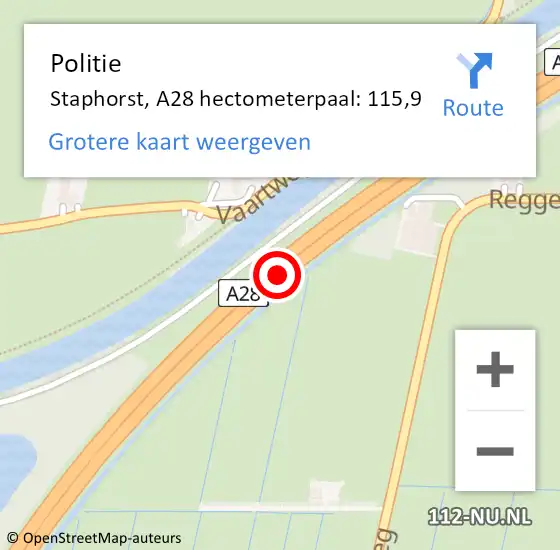 Locatie op kaart van de 112 melding: Politie Staphorst, A28 hectometerpaal: 115,9 op 22 oktober 2021 17:22