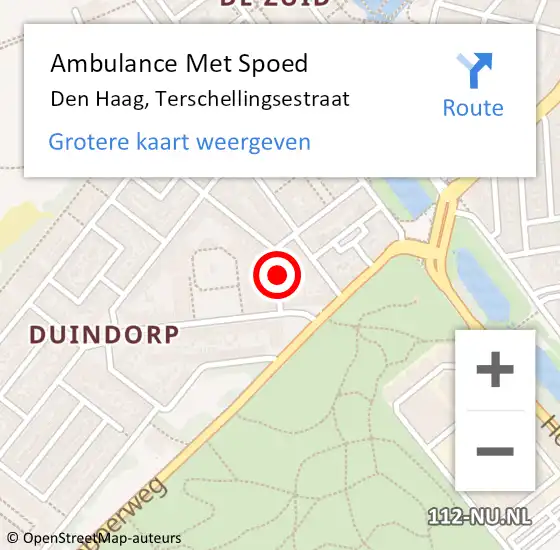 Locatie op kaart van de 112 melding: Ambulance Met Spoed Naar Den Haag, Terschellingsestraat op 22 oktober 2021 19:55