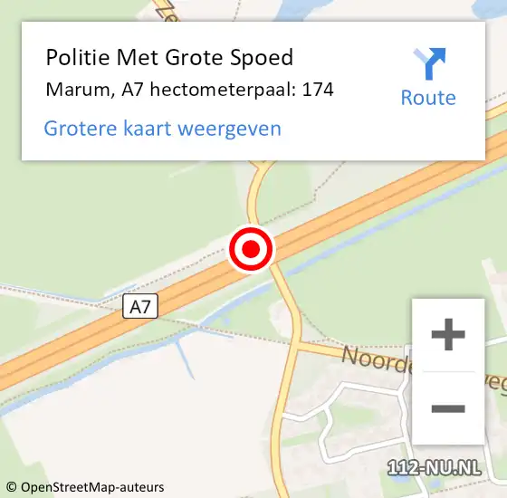 Locatie op kaart van de 112 melding: Politie Met Grote Spoed Naar Marum, A7 hectometerpaal: 174 op 22 oktober 2021 20:04