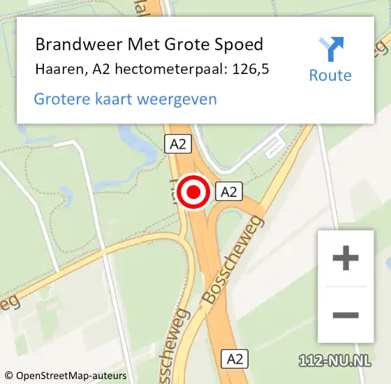 Locatie op kaart van de 112 melding: Brandweer Met Grote Spoed Naar Haaren, A2 hectometerpaal: 126,5 op 22 oktober 2021 20:24