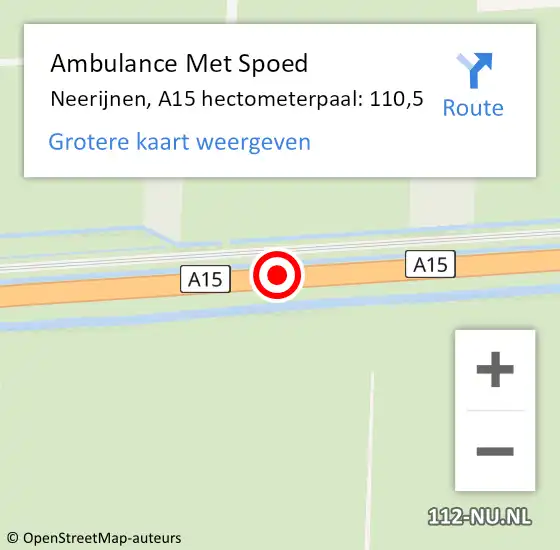 Locatie op kaart van de 112 melding: Ambulance Met Spoed Naar Neerijnen, A15 hectometerpaal: 110,5 op 22 oktober 2021 21:34