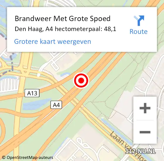 Locatie op kaart van de 112 melding: Brandweer Met Grote Spoed Naar Den Haag, A4 hectometerpaal: 48,1 op 22 oktober 2021 22:34