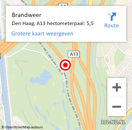 Locatie op kaart van de 112 melding: Brandweer Den Haag, A13 hectometerpaal: 5,5 op 23 oktober 2021 10:55