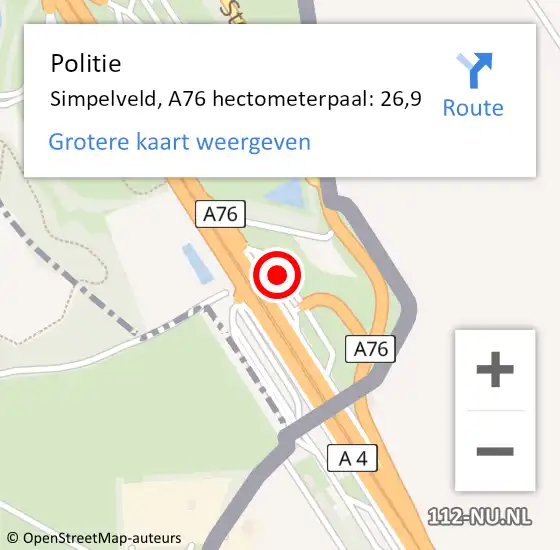 Locatie op kaart van de 112 melding: Politie Simpelveld, A76 hectometerpaal: 26,9 op 23 oktober 2021 16:01