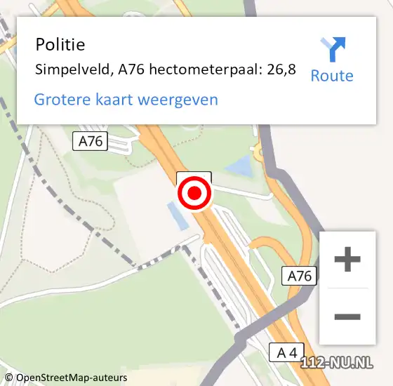 Locatie op kaart van de 112 melding: Politie Simpelveld, A76 hectometerpaal: 26,8 op 23 oktober 2021 16:02