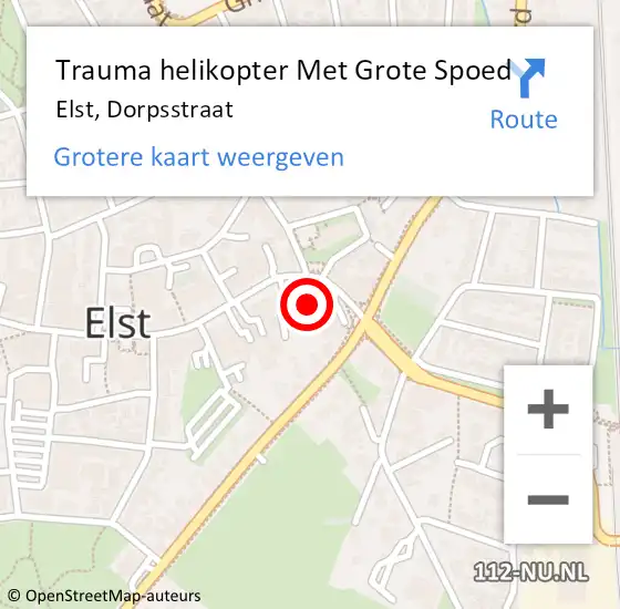 Locatie op kaart van de 112 melding: Trauma helikopter Met Grote Spoed Naar Elst, Dorpsstraat op 23 oktober 2021 16:43