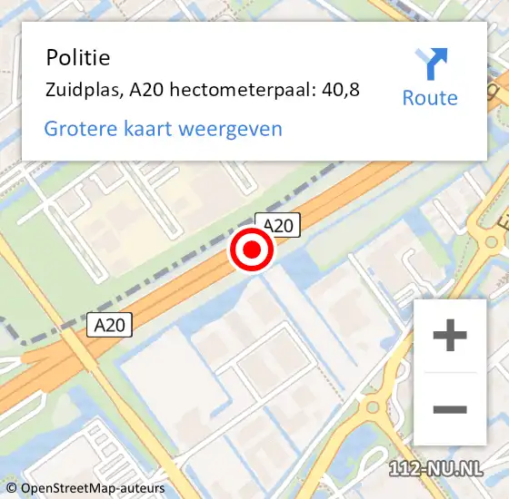 Locatie op kaart van de 112 melding: Politie Zuidplas, A20 hectometerpaal: 40,8 op 23 oktober 2021 19:21