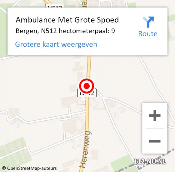 Locatie op kaart van de 112 melding: Ambulance Met Grote Spoed Naar Bergen, N512 hectometerpaal: 9 op 23 oktober 2021 19:32