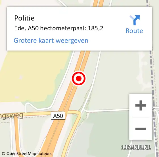 Locatie op kaart van de 112 melding: Politie Ede, A50 hectometerpaal: 185,2 op 23 oktober 2021 21:23