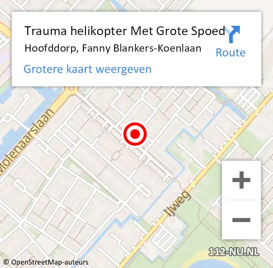 Locatie op kaart van de 112 melding: Trauma helikopter Met Grote Spoed Naar Hoofddorp, Fanny Blankers-Koenlaan op 23 oktober 2021 23:03