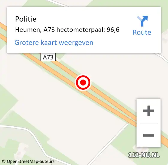 Locatie op kaart van de 112 melding: Politie Heumen, A73 hectometerpaal: 96,6 op 24 oktober 2021 01:23