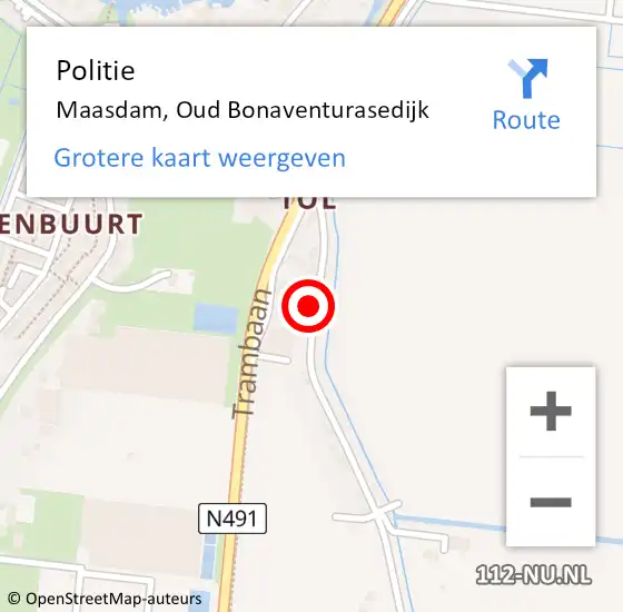 Locatie op kaart van de 112 melding: Politie Maasdam, Oud Bonaventurasedijk op 24 oktober 2021 01:27