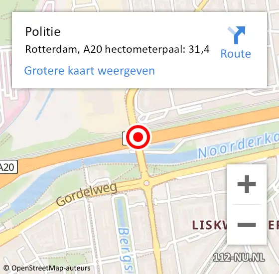 Locatie op kaart van de 112 melding: Politie Rotterdam, A20 hectometerpaal: 31,4 op 24 oktober 2021 10:12