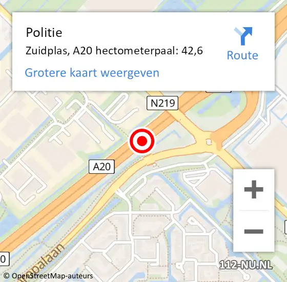 Locatie op kaart van de 112 melding: Politie Zuidplas, A20 hectometerpaal: 42,6 op 24 oktober 2021 11:53