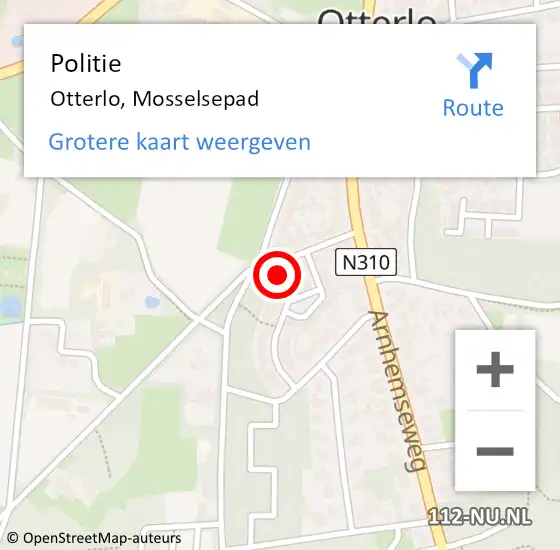 Locatie op kaart van de 112 melding: Politie Otterlo, Mosselsepad op 24 oktober 2021 13:58