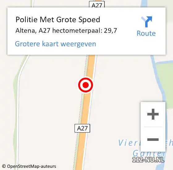 Locatie op kaart van de 112 melding: Politie Met Grote Spoed Naar Werkendam, A27 hectometerpaal: 29,7 op 24 oktober 2021 14:48
