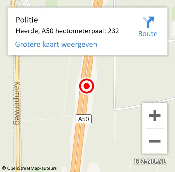 Locatie op kaart van de 112 melding: Politie Heerde, A50 hectometerpaal: 232 op 24 oktober 2021 14:51