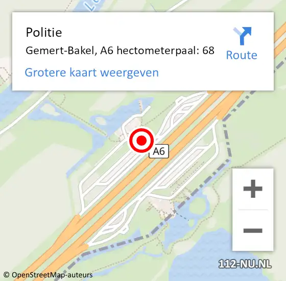 Locatie op kaart van de 112 melding: Politie Gemert-Bakel, A6 hectometerpaal: 68 op 24 oktober 2021 16:29