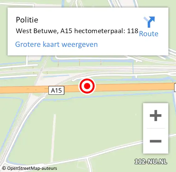 Locatie op kaart van de 112 melding: Politie Geldermalsen, A15 hectometerpaal: 118 op 24 oktober 2021 17:42