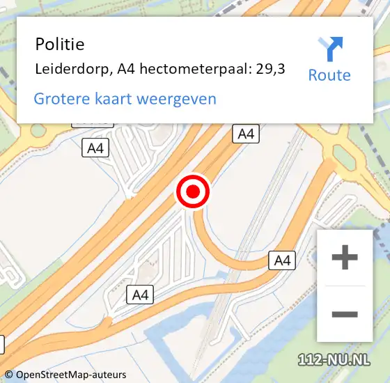 Locatie op kaart van de 112 melding: Politie Leiderdorp, A4 hectometerpaal: 29,3 op 24 oktober 2021 18:45
