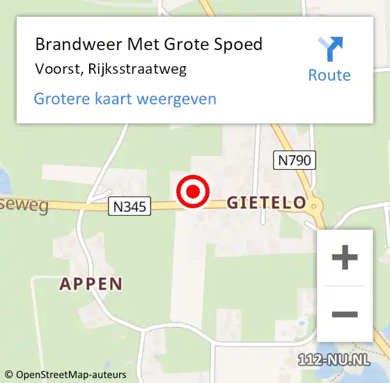 Locatie op kaart van de 112 melding: Brandweer Met Grote Spoed Naar Voorst, Rijksstraatweg op 24 oktober 2021 19:58