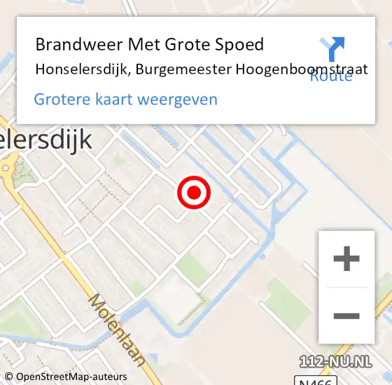 Locatie op kaart van de 112 melding: Brandweer Met Grote Spoed Naar Honselersdijk, Burgemeester Hoogenboomstraat op 24 oktober 2021 20:35