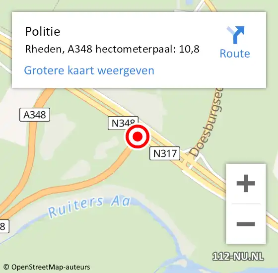 Locatie op kaart van de 112 melding: Politie Rheden, A348 hectometerpaal: 10,8 op 25 oktober 2021 00:27