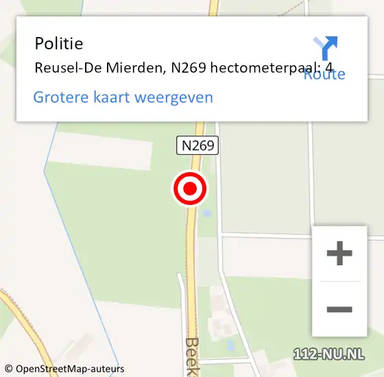 Locatie op kaart van de 112 melding: Politie Reusel-De Mierden, N269 hectometerpaal: 4 op 25 oktober 2021 01:50