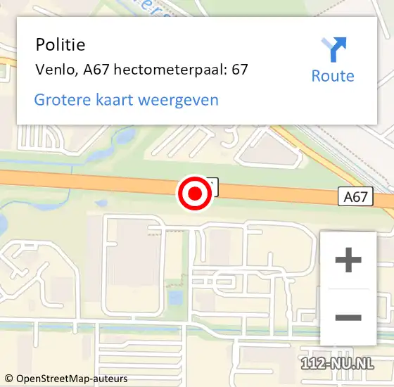 Locatie op kaart van de 112 melding: Politie Venlo, A67 hectometerpaal: 67 op 25 oktober 2021 02:06