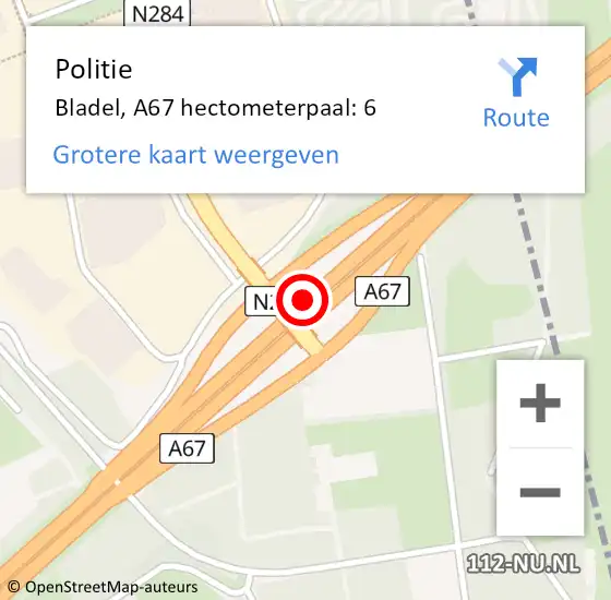 Locatie op kaart van de 112 melding: Politie Bladel, A67 hectometerpaal: 6 op 25 oktober 2021 06:50