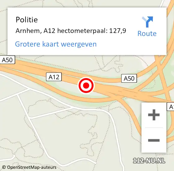 Locatie op kaart van de 112 melding: Politie Arnhem, A12 hectometerpaal: 127,9 op 25 oktober 2021 07:17