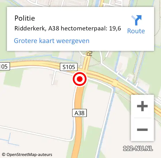Locatie op kaart van de 112 melding: Politie Ridderkerk, A38 hectometerpaal: 19,6 op 25 oktober 2021 08:20