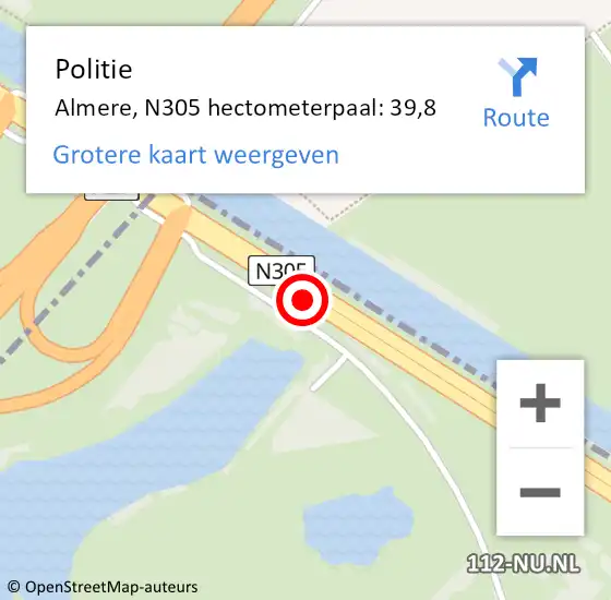 Locatie op kaart van de 112 melding: Politie Almere, N305 hectometerpaal: 39,8 op 25 oktober 2021 08:23