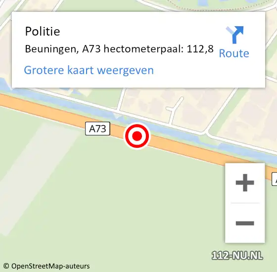Locatie op kaart van de 112 melding: Politie Beuningen, A73 hectometerpaal: 112,8 op 25 oktober 2021 13:03