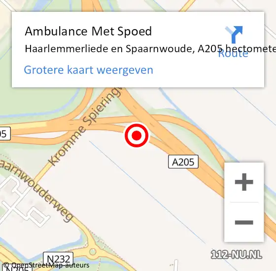 Locatie op kaart van de 112 melding: Ambulance Met Spoed Naar Haarlemmerliede en Spaarnwoude, A205 hectometerpaal: 3,8 op 25 oktober 2021 13:32