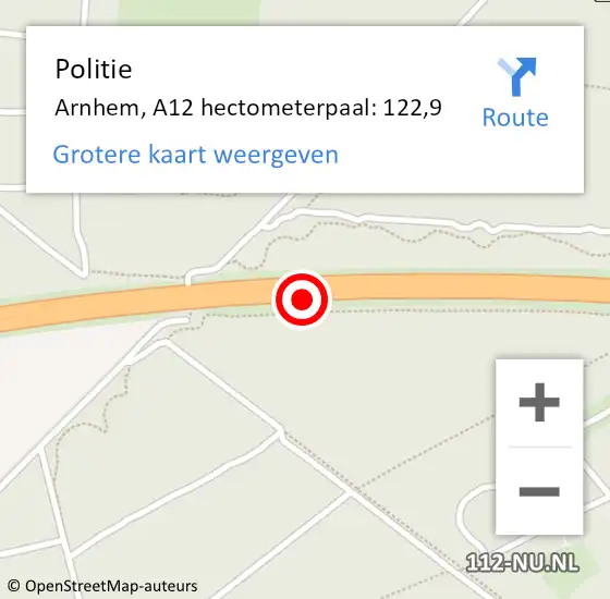 Locatie op kaart van de 112 melding: Politie Arnhem, A12 hectometerpaal: 122,9 op 25 oktober 2021 13:44