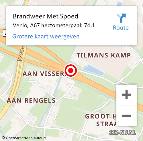 Locatie op kaart van de 112 melding: Brandweer Met Spoed Naar Venlo, A67 hectometerpaal: 74,1 op 25 oktober 2021 14:22