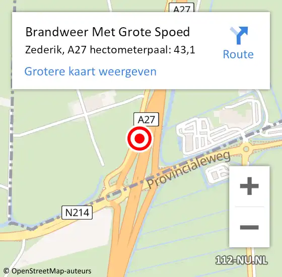 Locatie op kaart van de 112 melding: Brandweer Met Grote Spoed Naar Zederik, A27 hectometerpaal: 43,1 op 25 oktober 2021 15:32