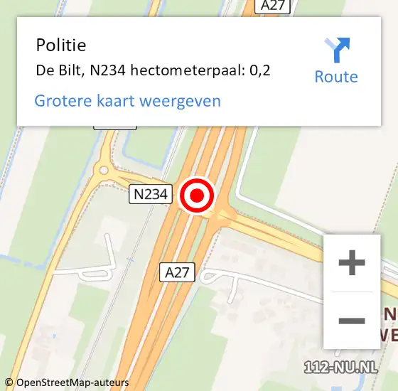 Locatie op kaart van de 112 melding: Politie De Bilt, N234 hectometerpaal: 0,2 op 25 oktober 2021 17:20