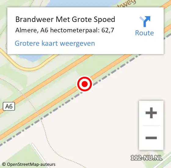 Locatie op kaart van de 112 melding: Brandweer Met Grote Spoed Naar Almere, A6 hectometerpaal: 62,7 op 25 oktober 2021 17:42