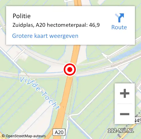 Locatie op kaart van de 112 melding: Politie Zuidplas, A20 hectometerpaal: 46,9 op 25 oktober 2021 17:57