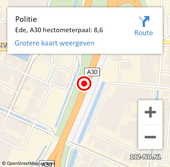 Locatie op kaart van de 112 melding: Politie Heumen, A30 hectometerpaal: 8,6 op 25 oktober 2021 18:01