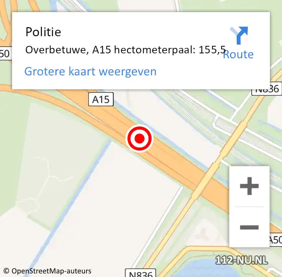 Locatie op kaart van de 112 melding: Politie Overbetuwe, A15 hectometerpaal: 155,5 op 25 oktober 2021 20:33