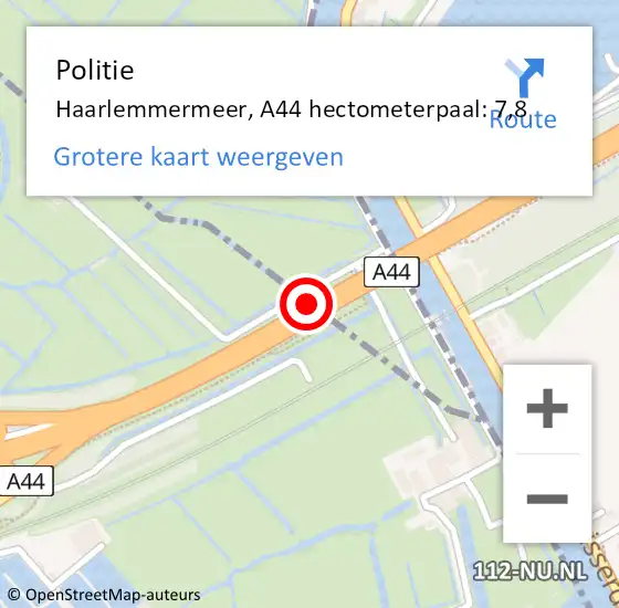 Locatie op kaart van de 112 melding: Politie Haarlemmermeer, A44 hectometerpaal: 7,8 op 25 oktober 2021 21:21