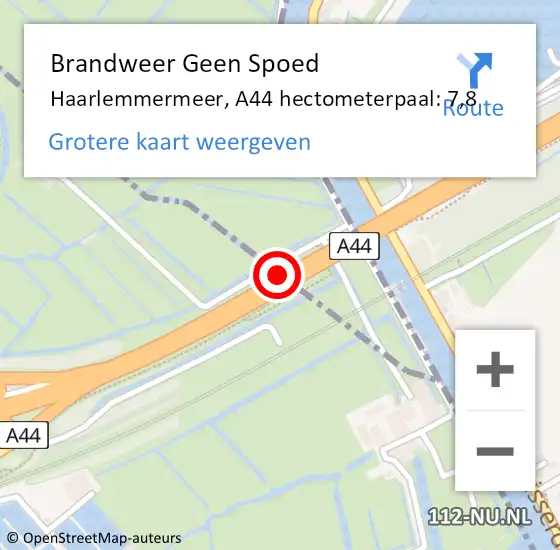 Locatie op kaart van de 112 melding: Brandweer Geen Spoed Naar Haarlemmermeer, A44 hectometerpaal: 7,8 op 25 oktober 2021 21:49