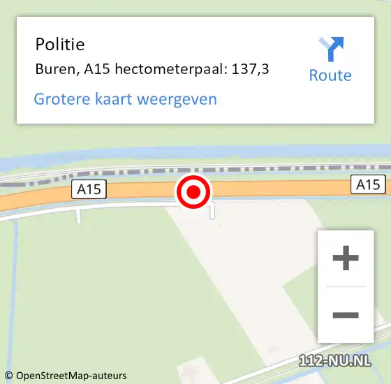 Locatie op kaart van de 112 melding: Politie Buren, A15 hectometerpaal: 137,3 op 25 oktober 2021 22:41