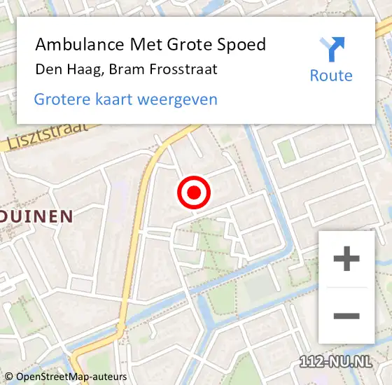Locatie op kaart van de 112 melding: Ambulance Met Grote Spoed Naar Den Haag, Bram Frosstraat op 25 oktober 2021 22:45
