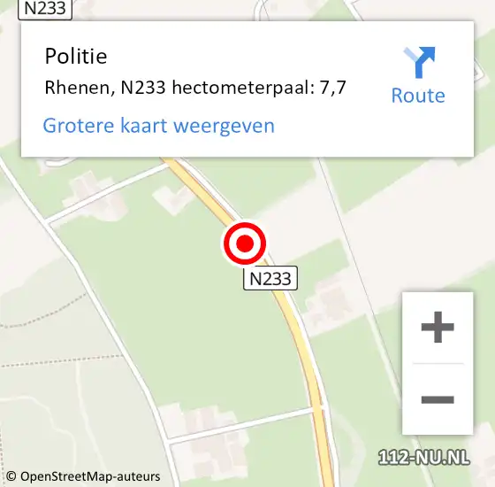 Locatie op kaart van de 112 melding: Politie Rhenen, N233 hectometerpaal: 7,7 op 26 oktober 2021 07:39
